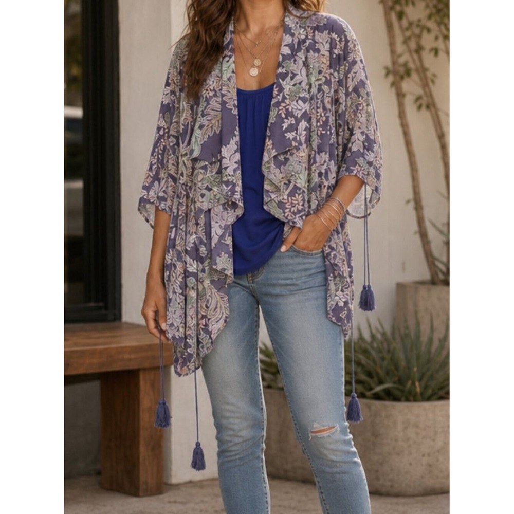 Jaase Garden Girly Neutral Tie Front Short Sleeve Cardigan Medium